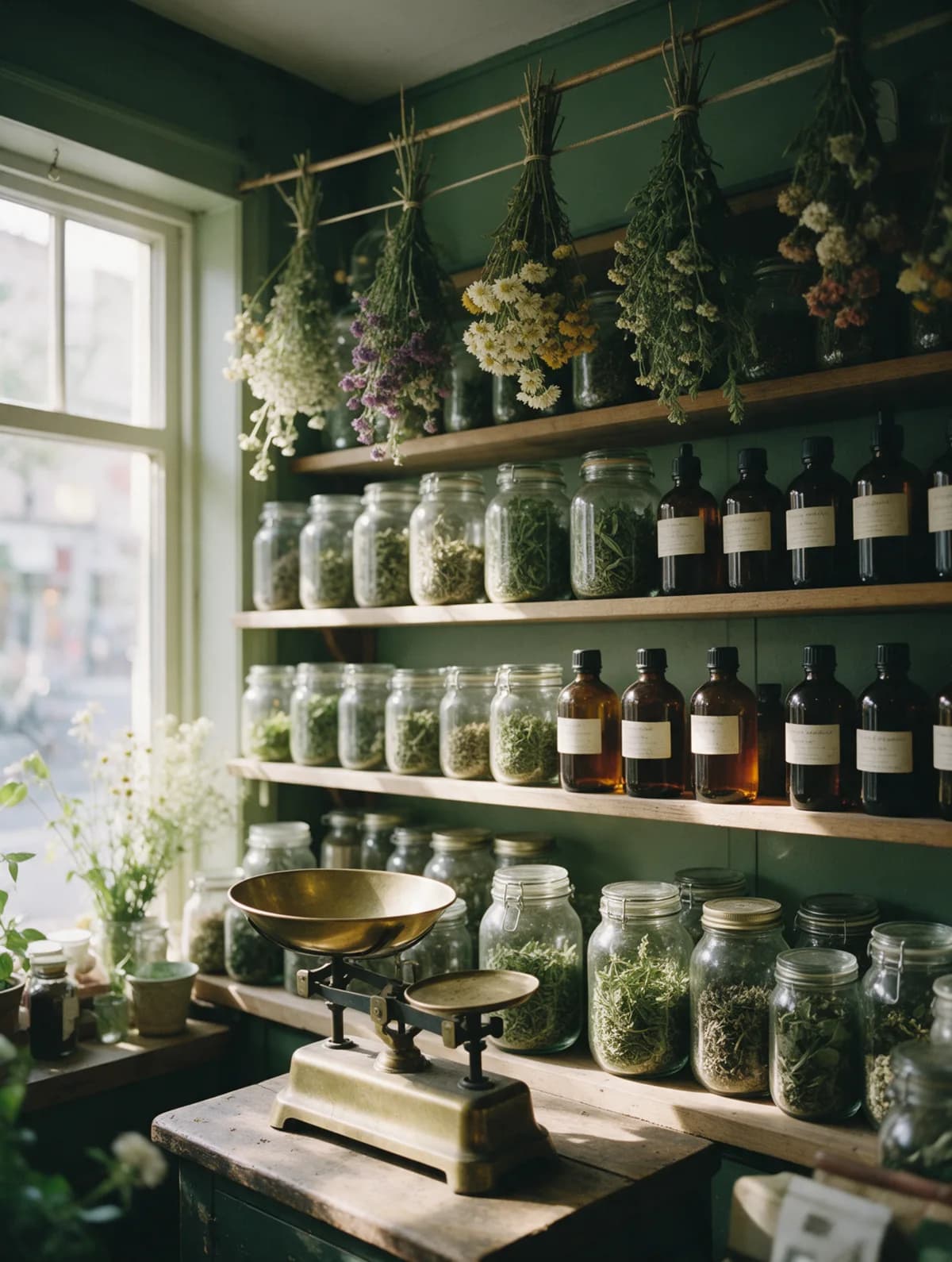 Inside the apothecary: shelves of herb jars and amber tincture bottles, dried flowers hanging above a brass scale