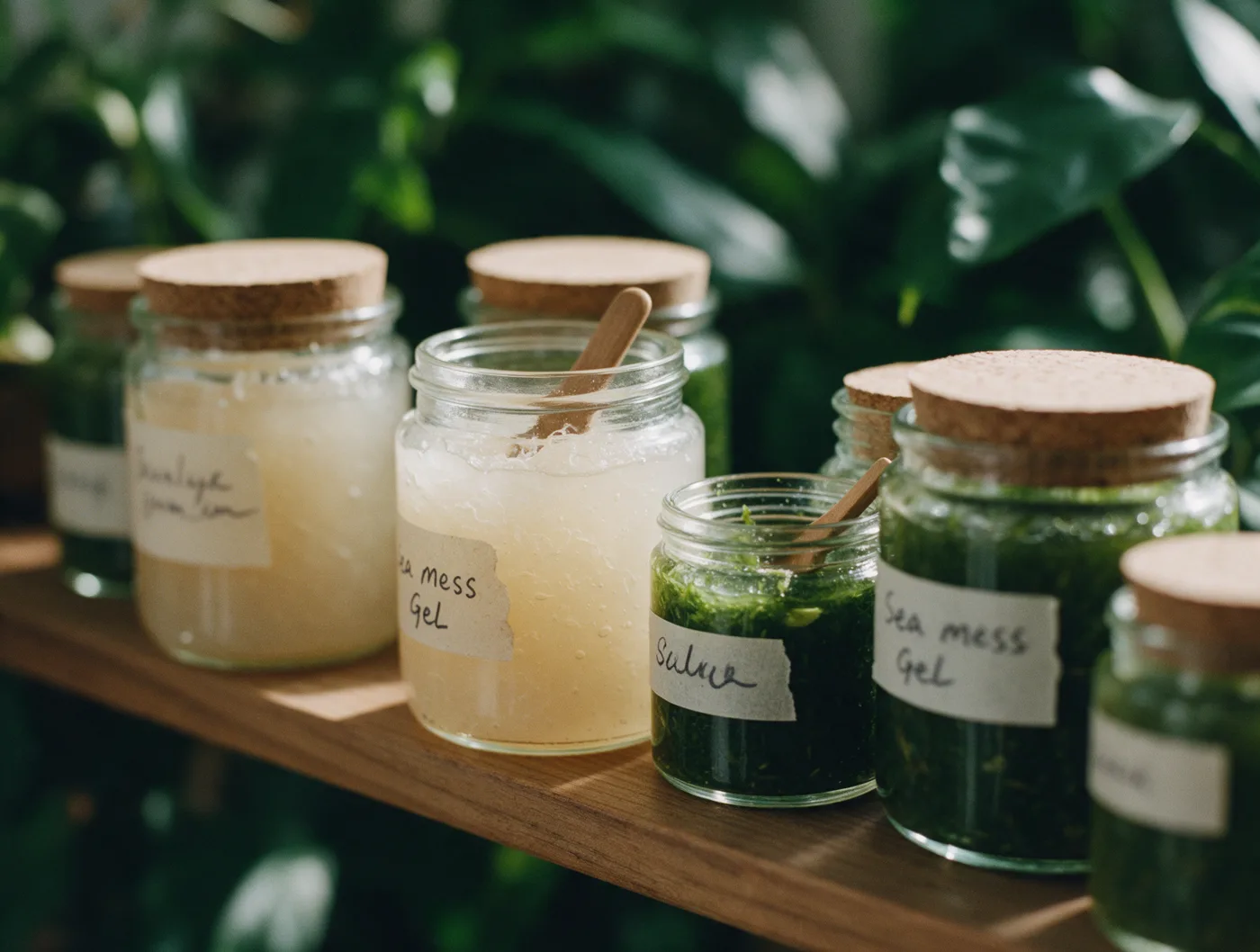 Hand-labeled jars of sea moss gel and herbal preparations on a wooden shelf
