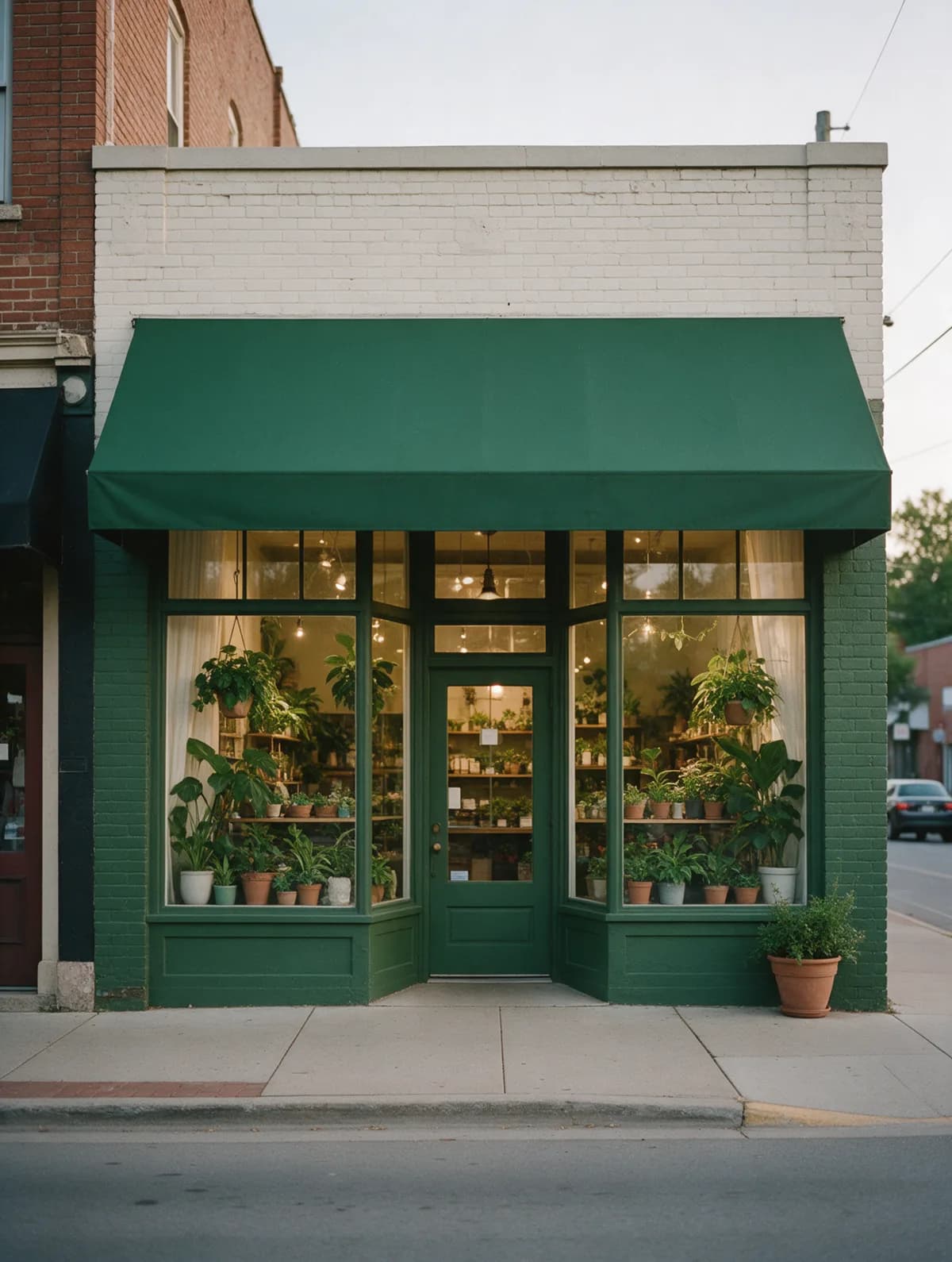A small brick storefront with a deep green awning and windows full of plants at dusk