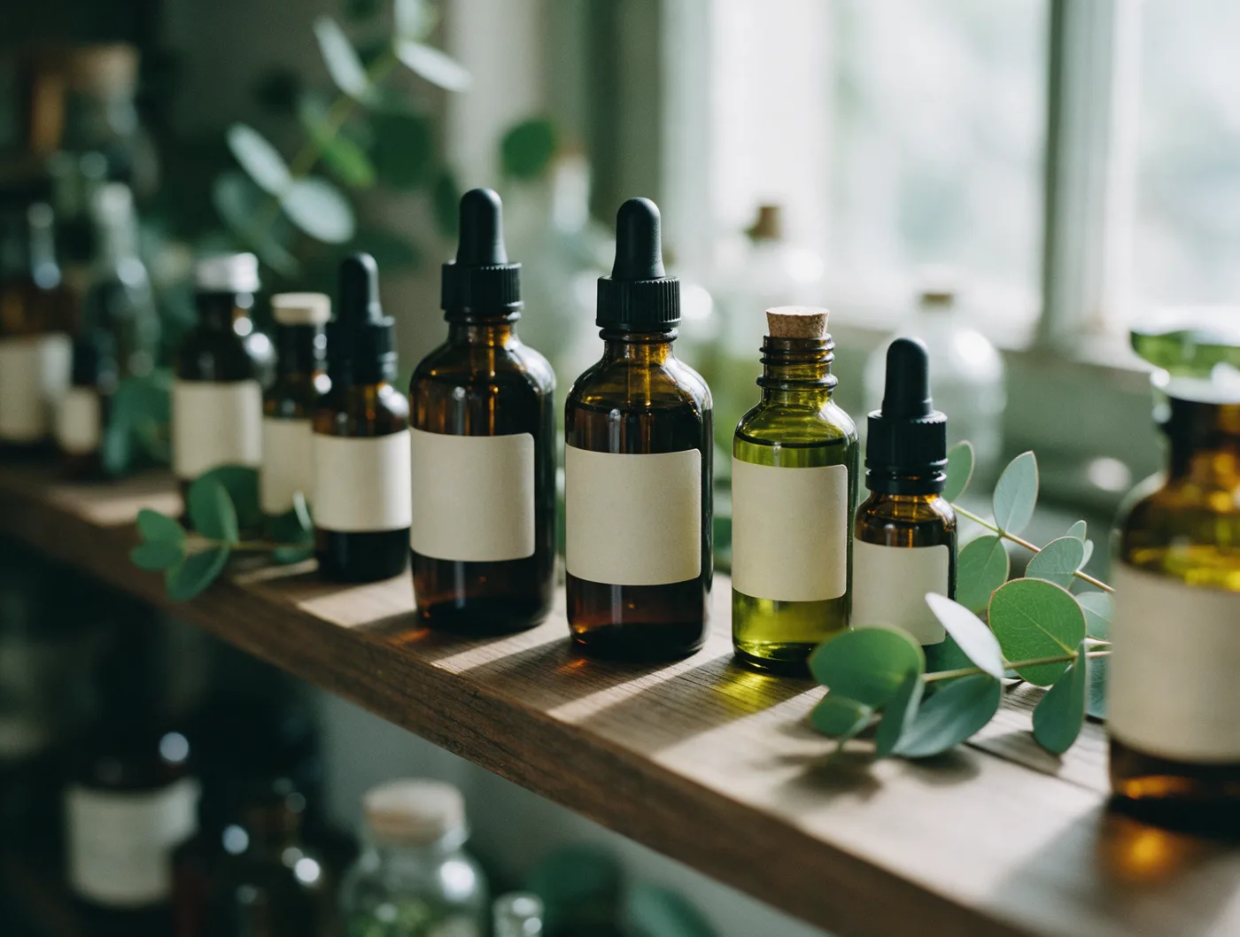 Amber tincture and oil bottles with cream labels lined up on a rustic shelf